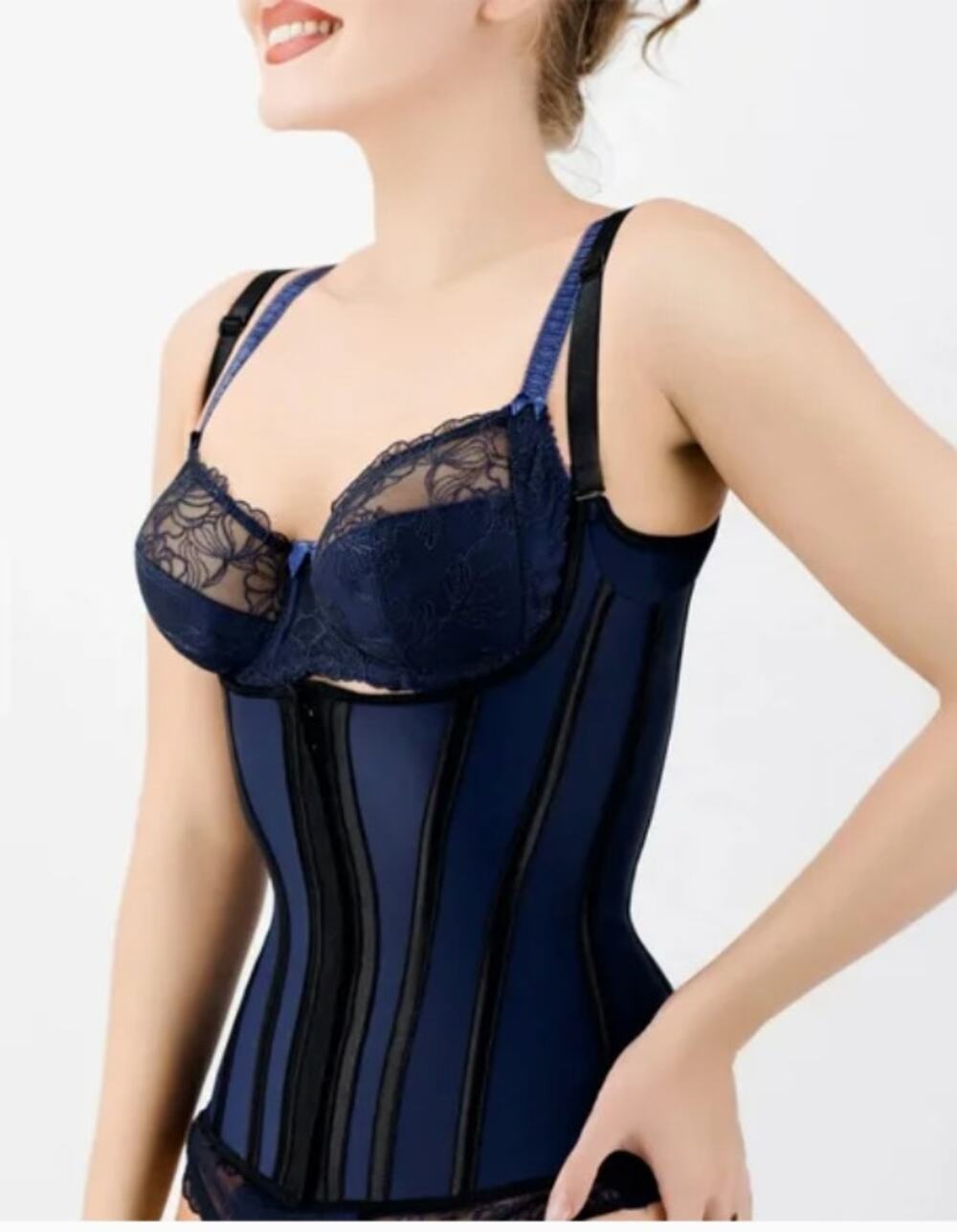 Corset Story Navy Latex Underbust Corset Adjustable Bra Straps Womens New 32"